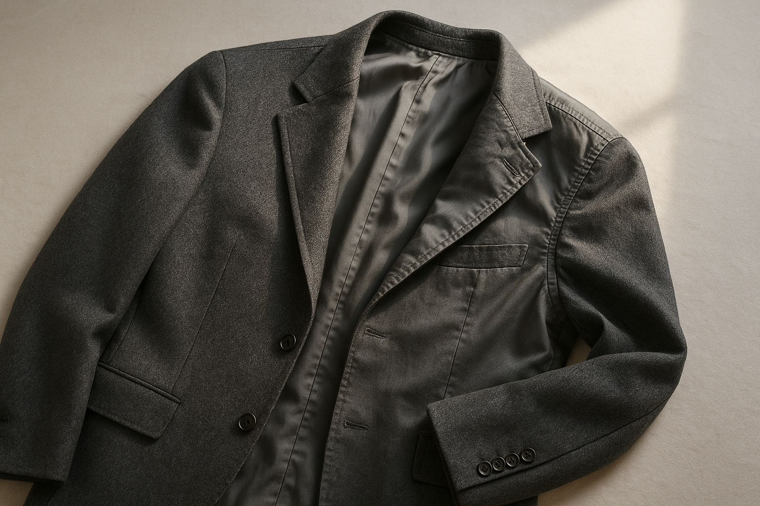 Tailored wool blazer turned inside out, showing lining and shoulder seams, illustrating how to grade vintage suit and blazer