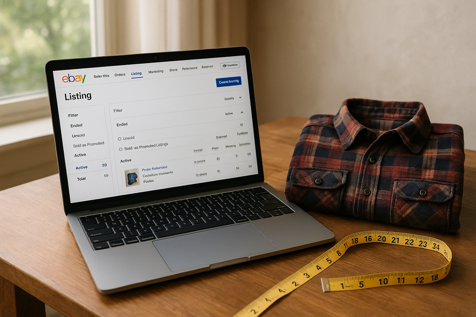 Laptop showing eBay Seller Hub beside a folded flannel shirt and measuring tape, illustrating how to relist an expired eBay