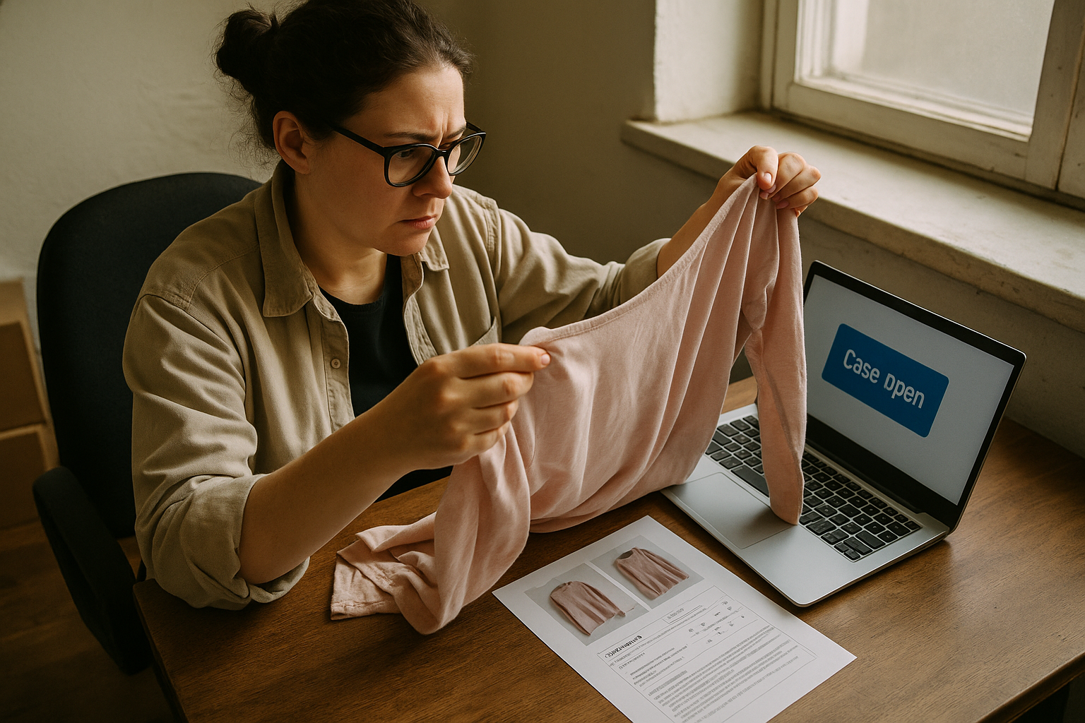 Reseller comparing a returned garment to listing photos, illustrating how to handle returns reselling clothes