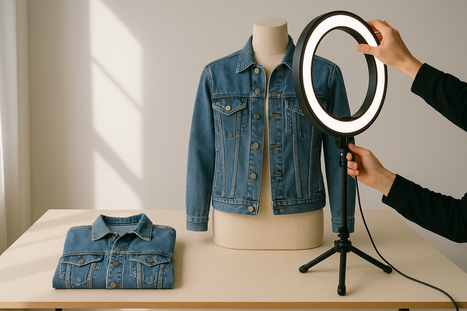 Studio setup showing best order to arrange eBay clothing listing photos: folded denim jacket, mannequin form, ring light