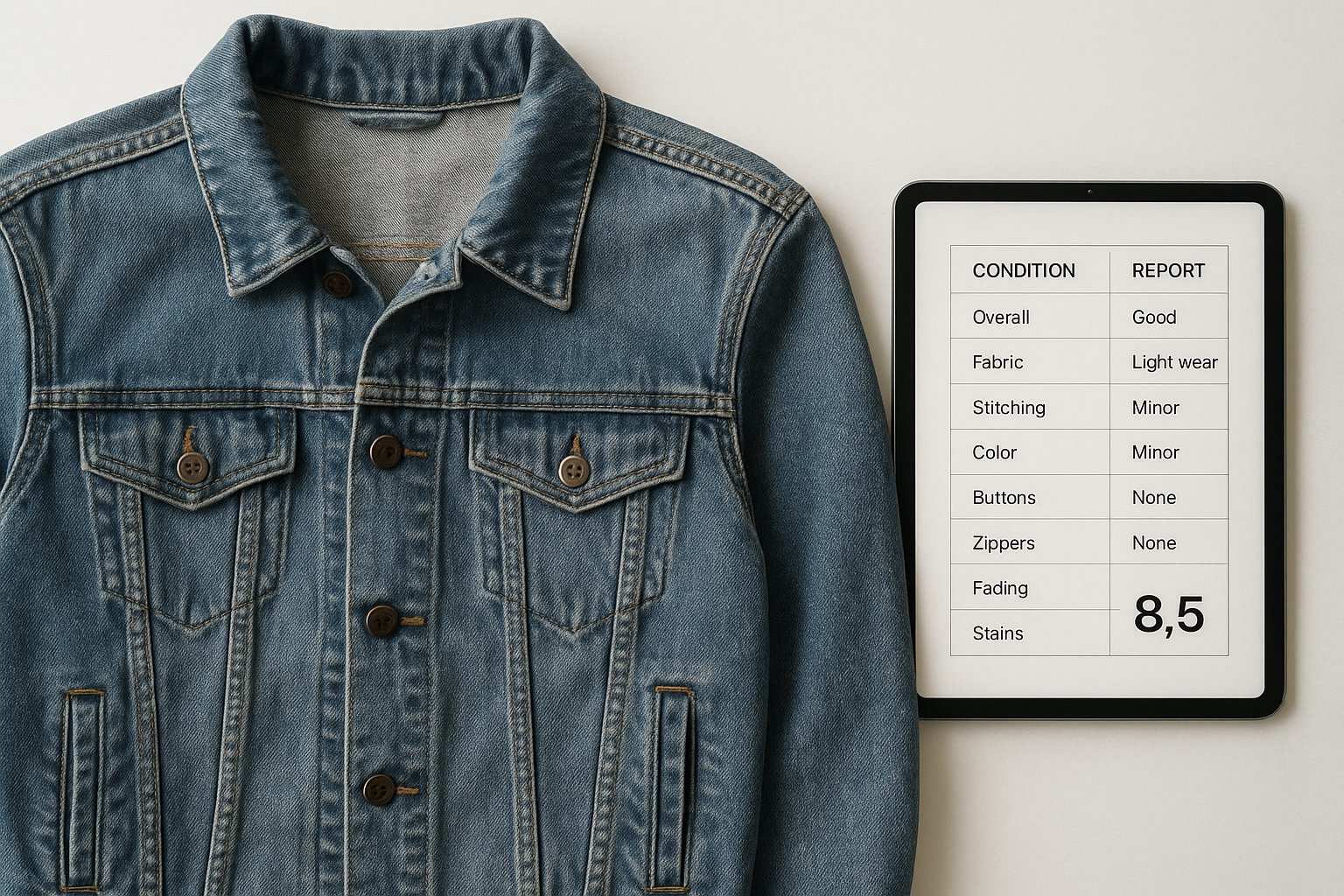 Denim jacket laid flat beside a tablet showing an AI clothing inspection grade report on a white surface