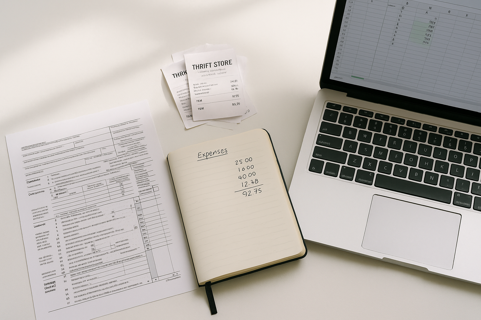 Flat lay of an IRS form, thrift store receipts, expense notebook, and laptop spreadsheet for tracking reseller taxes and