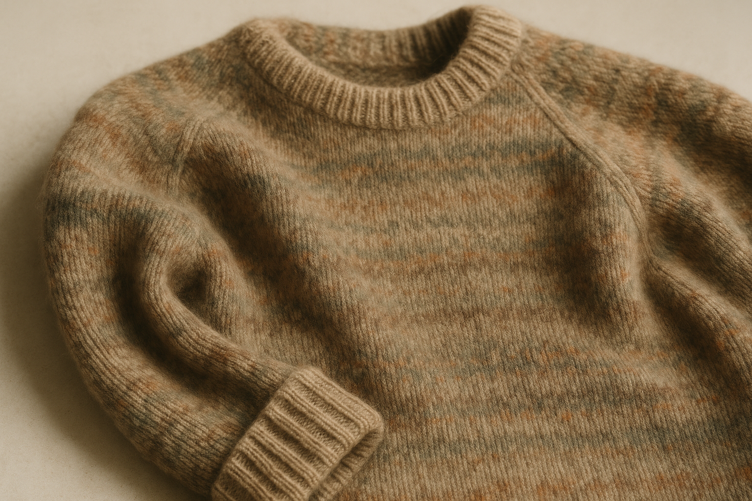 Folded vintage wool sweater showing stretched shoulder seam and ribbed cuff, illustrating how to grade sweater stretch and