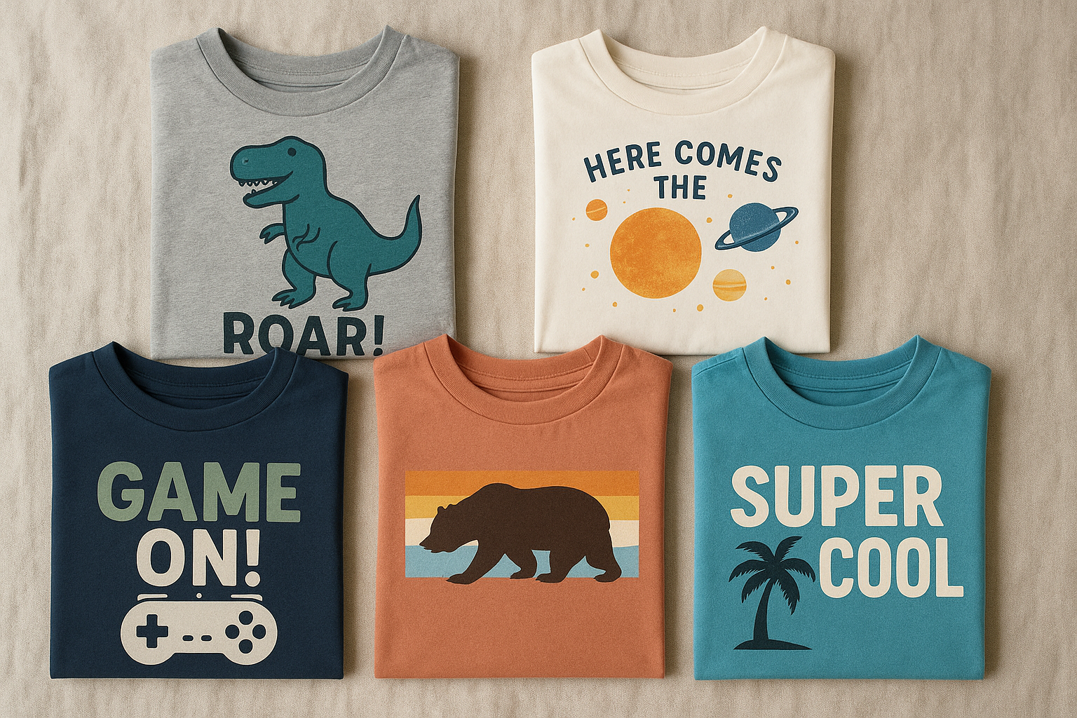 Flatlay of five folded kids' graphic t-shirts for an eBay bundle listings pricing strategy reseller photo