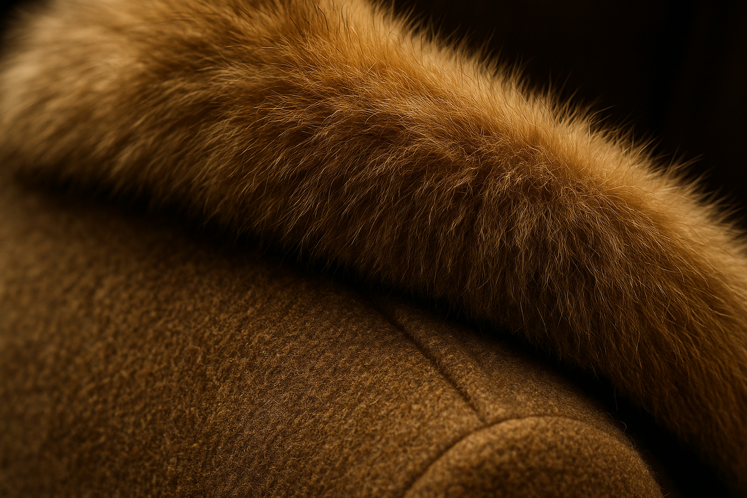 Macro close-up of a vintage coat's fur collar and stitch line, illustrating how to grade fur trim and feather condition