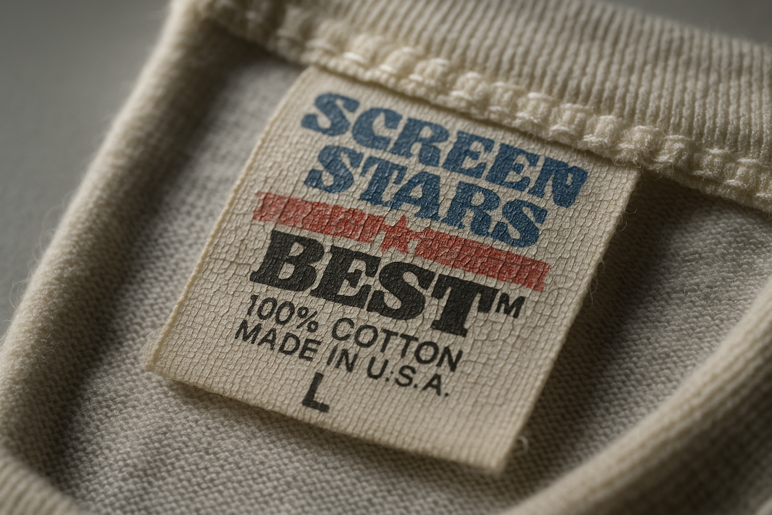 Macro shot of a vintage clothing tag with cracked print and frayed stitching, illustrating how to photograph vintage