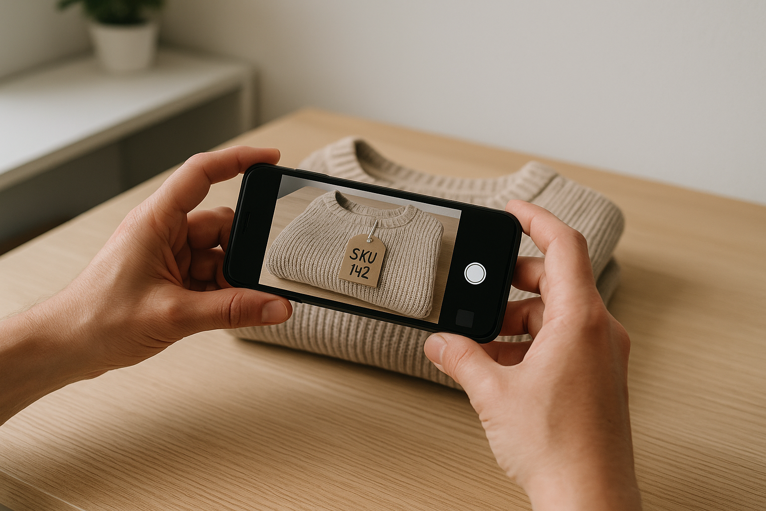Reseller using an intake photo system, photographing a folded sweater with SKU tag for inventory tracking before storage