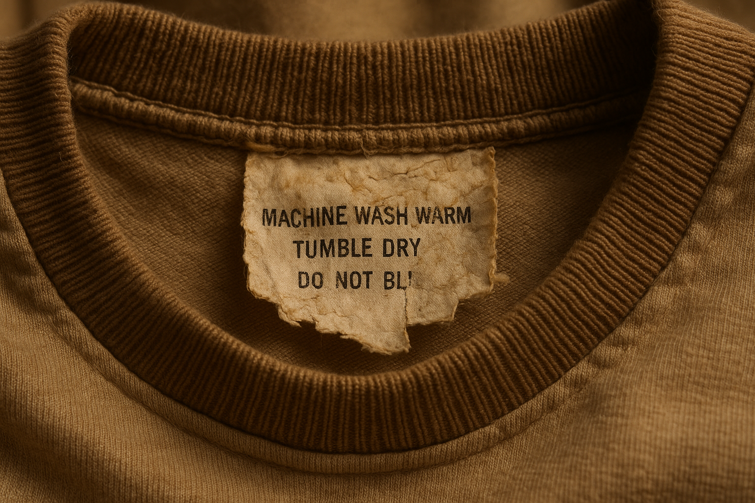 Worn, partially cut fabric care label on a vintage garment's neck seam, illustrating how wash care tag loss affects vintage