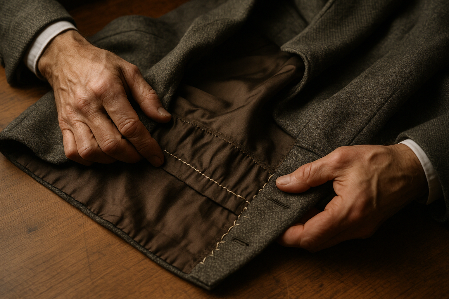Tailor's hands inspecting hand-stitched seams on a vintage wool suit, illustrating how to grade altered vintage suits for