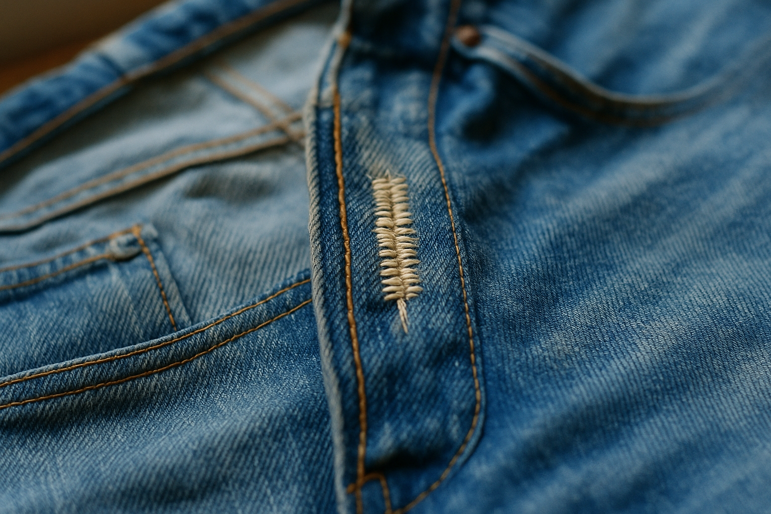 Close-up of hand-repaired denim outseam stitching, illustrating how to grade repaired denim seams for resale value