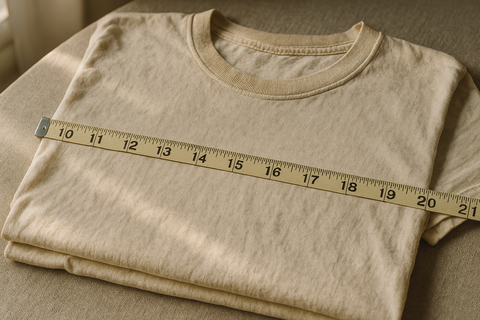 Tape measure across a folded vintage tee's chest, illustrating how to grade shrunken vintage clothing for resale