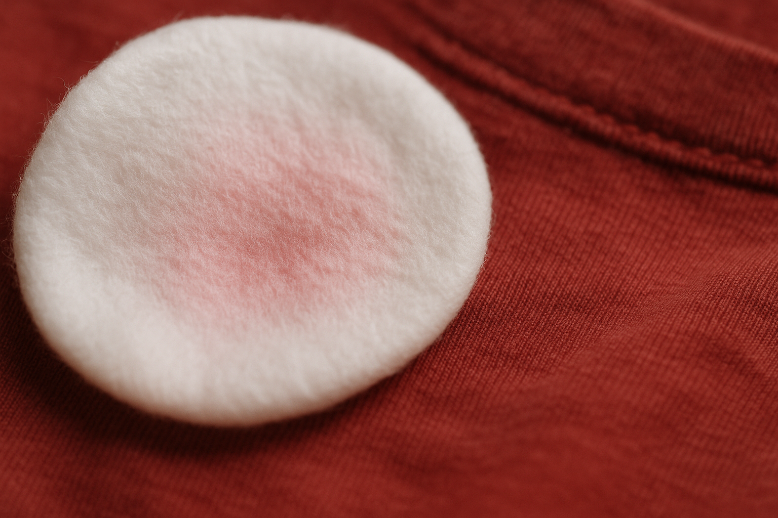 Close-up showing how to test dye bleeding on vintage clothes with pink transfer on white fabric pressed to a red shirt
