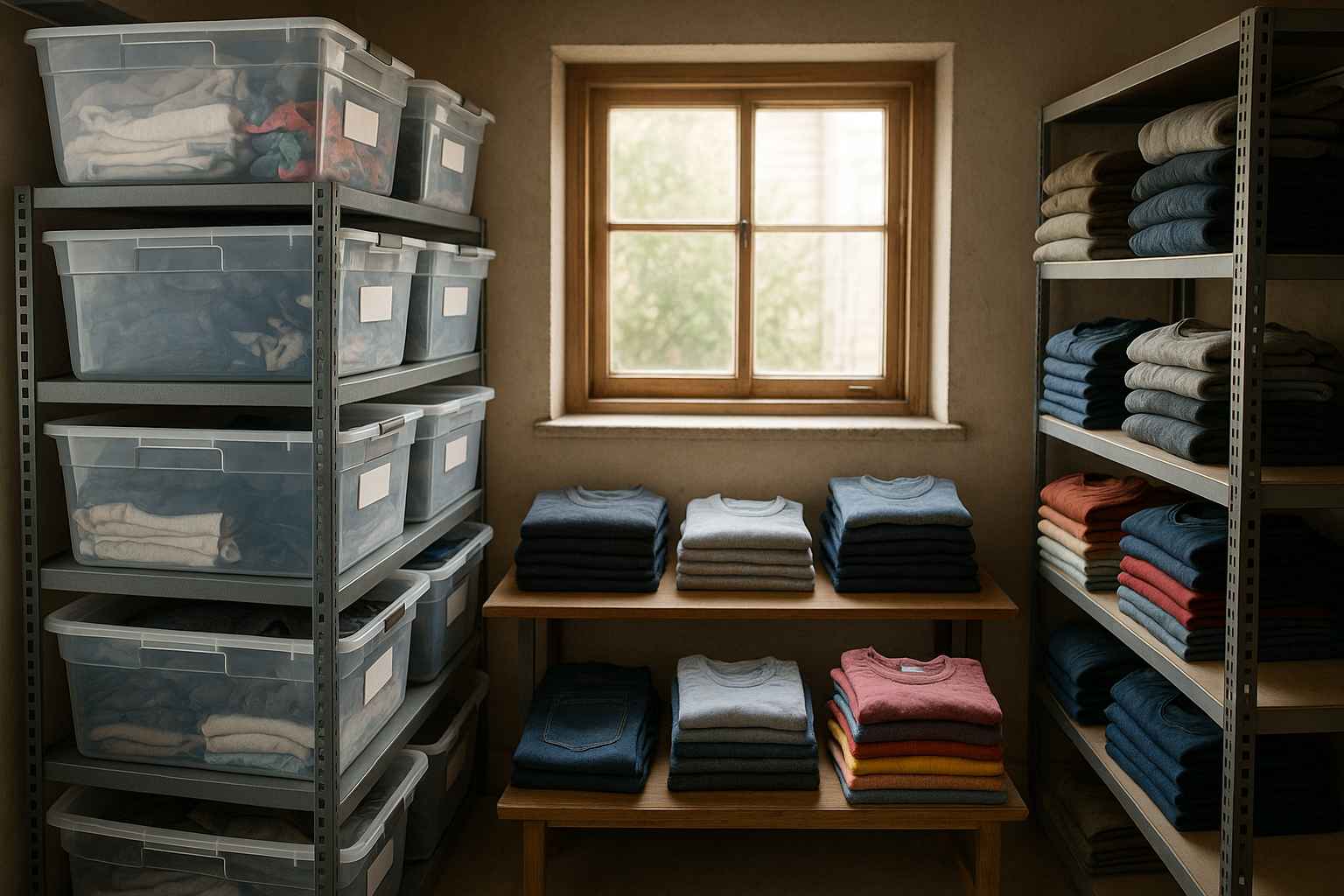 Storage room with labeled bins on metal shelves showing how to organize reseller inventory bins efficiently in natural light