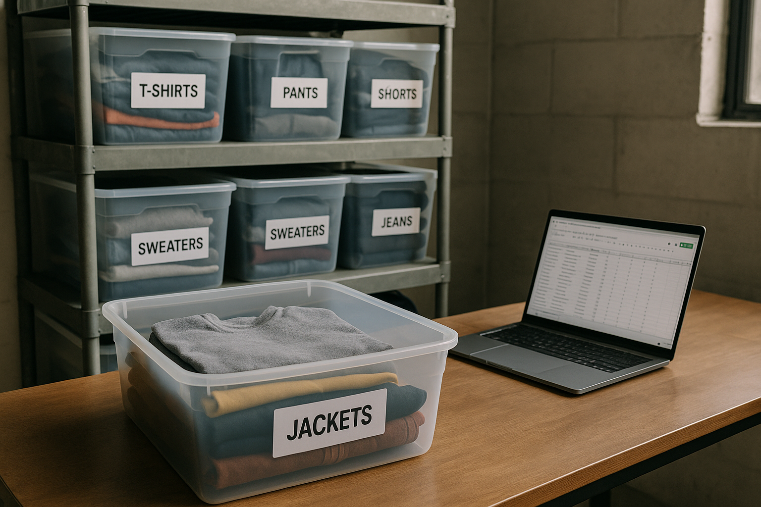 Reseller warehouse shelving with an open bin and laptop spreadsheet used to audit slow moving inventory before deciding when