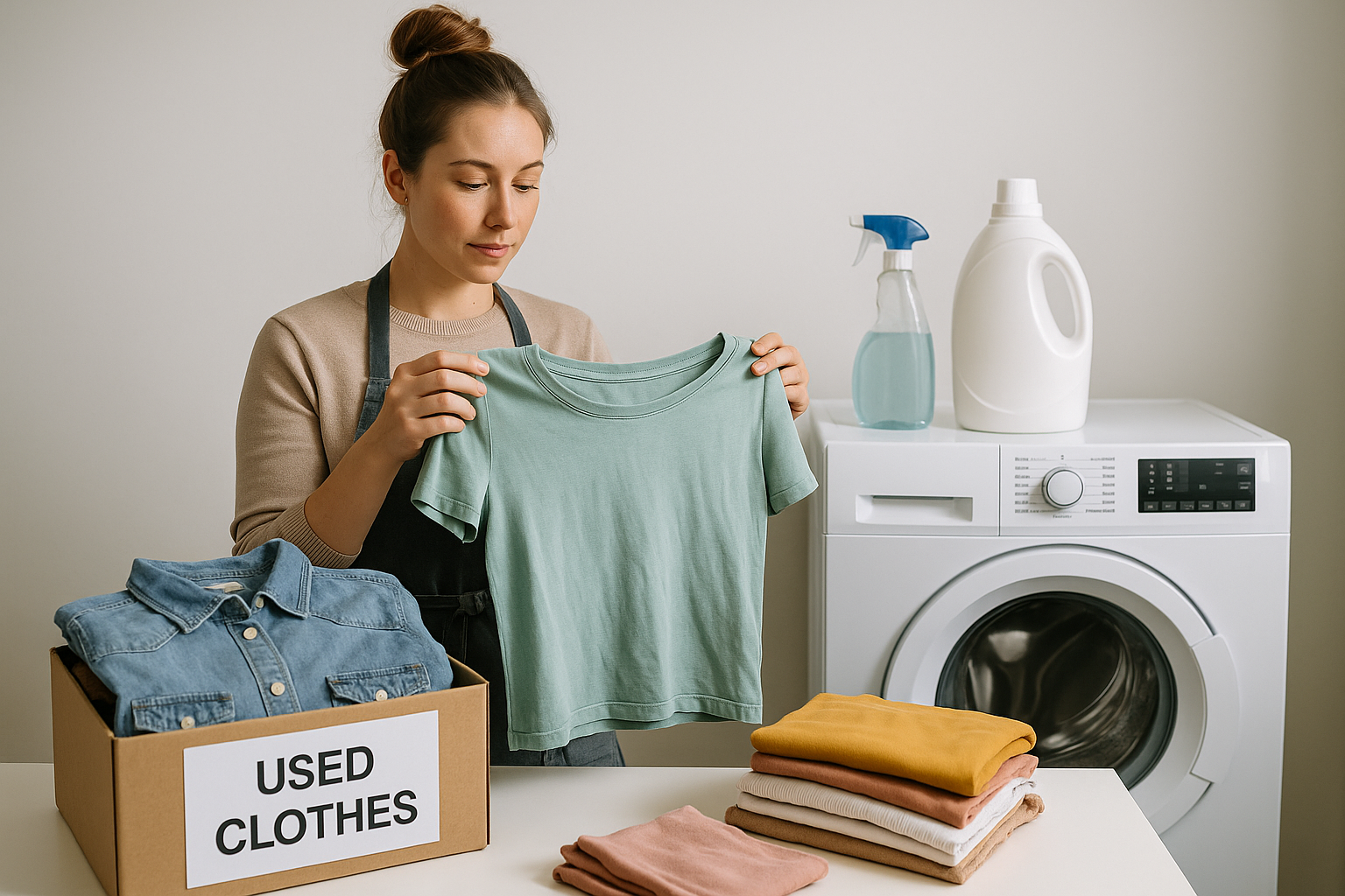 Folded used clothes, stain remover, and lint roller arranged for cleaning clothes for resale