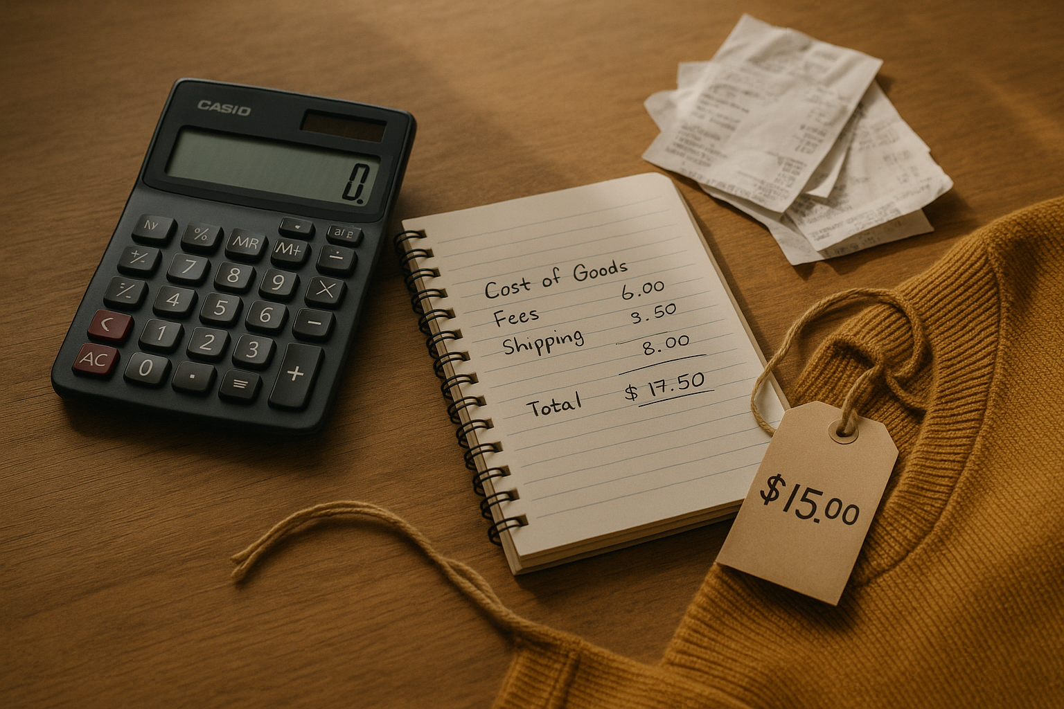 Reseller desk with calculator, thrift tag, receipts, and handwritten notes showing how to calculate cost of goods sold