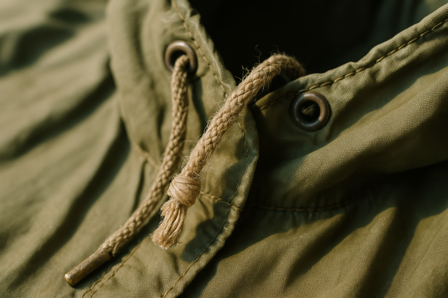 Close-up of a vintage nylon jacket hood showing a frayed drawstring cord, illustrating how to grade damaged drawstrings on