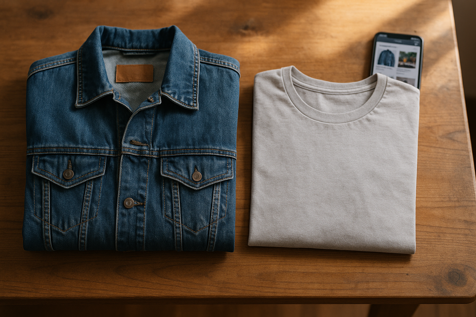 Folded denim jacket and cotton tee on wood table with phone app blurred behind, illustrating Mercari vs eBay which platform