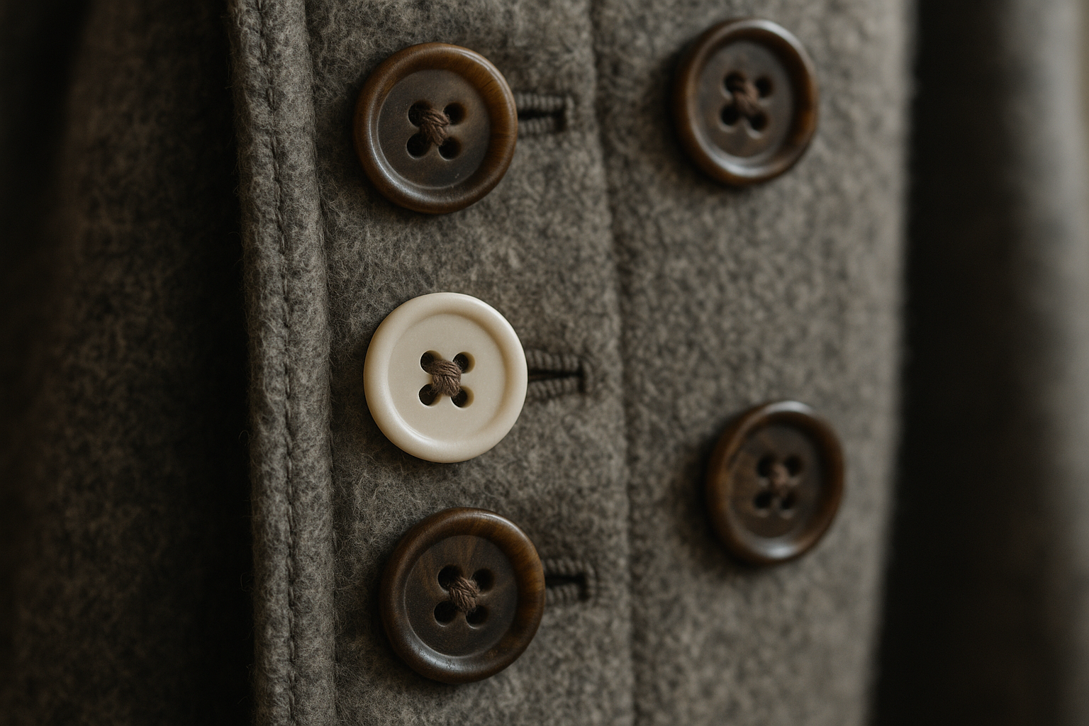 Close-up of a vintage wool peacoat placket with one mismatched replacement button among original horn buttons, illustrating