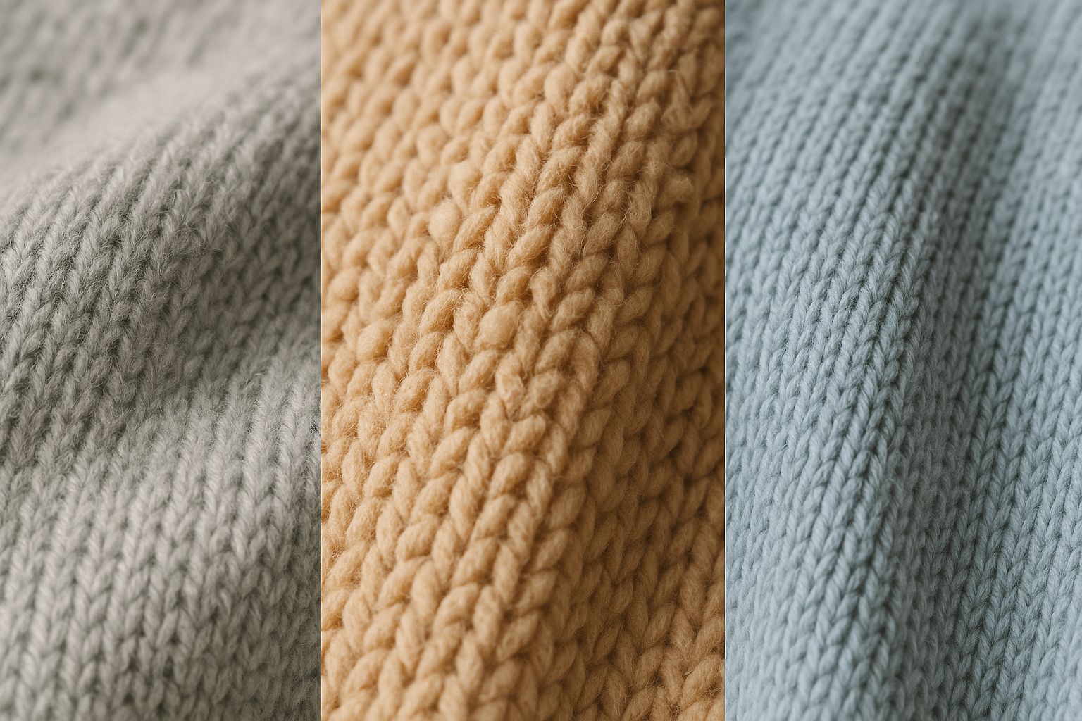 Close-up of merino wool, acrylic, and cotton-blend knits side by side, showing how to grade pilling on different fabric types