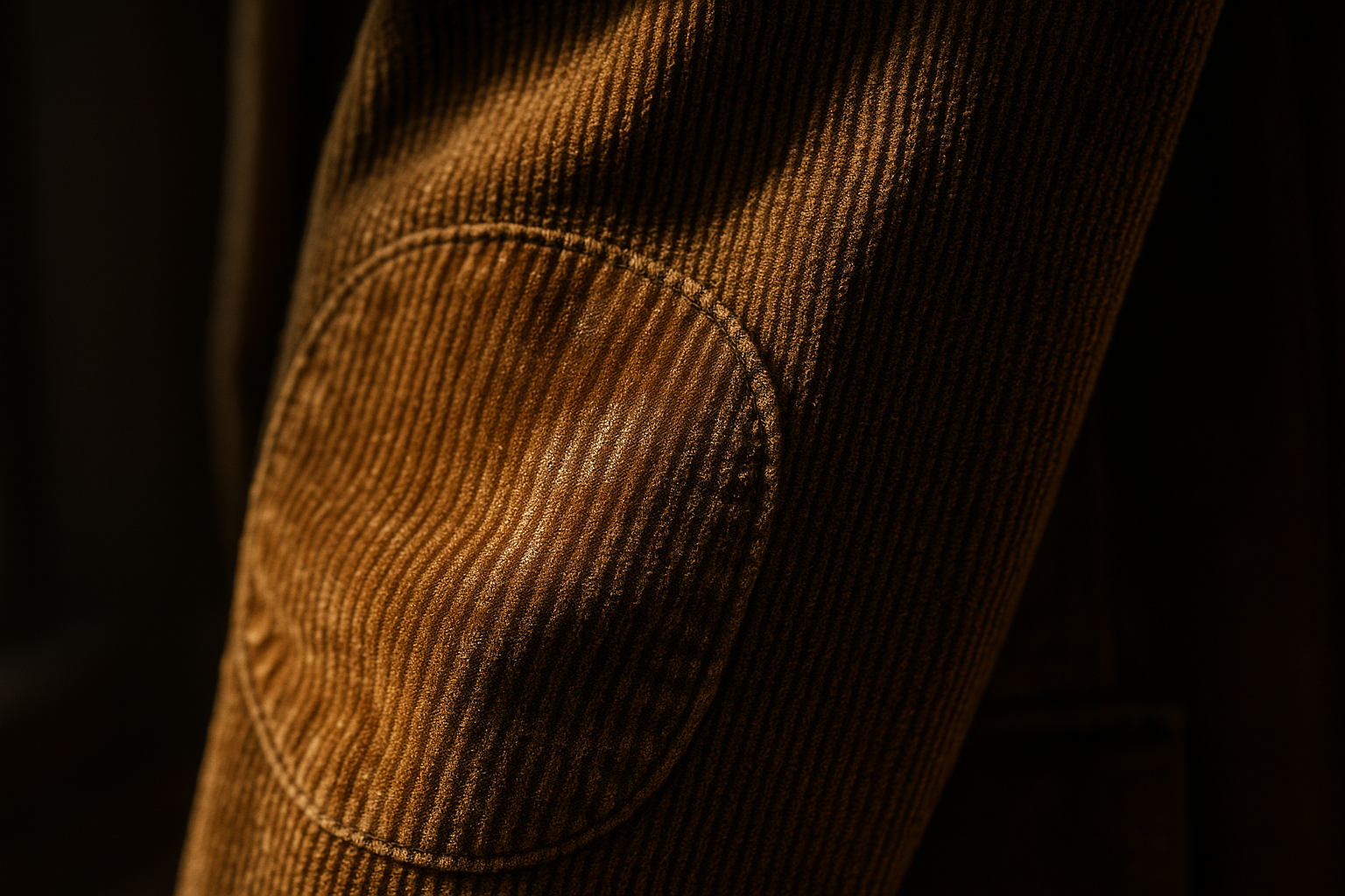 Macro shot of a vintage corduroy jacket elbow in raking light, illustrating how to grade corduroy pile wear condition