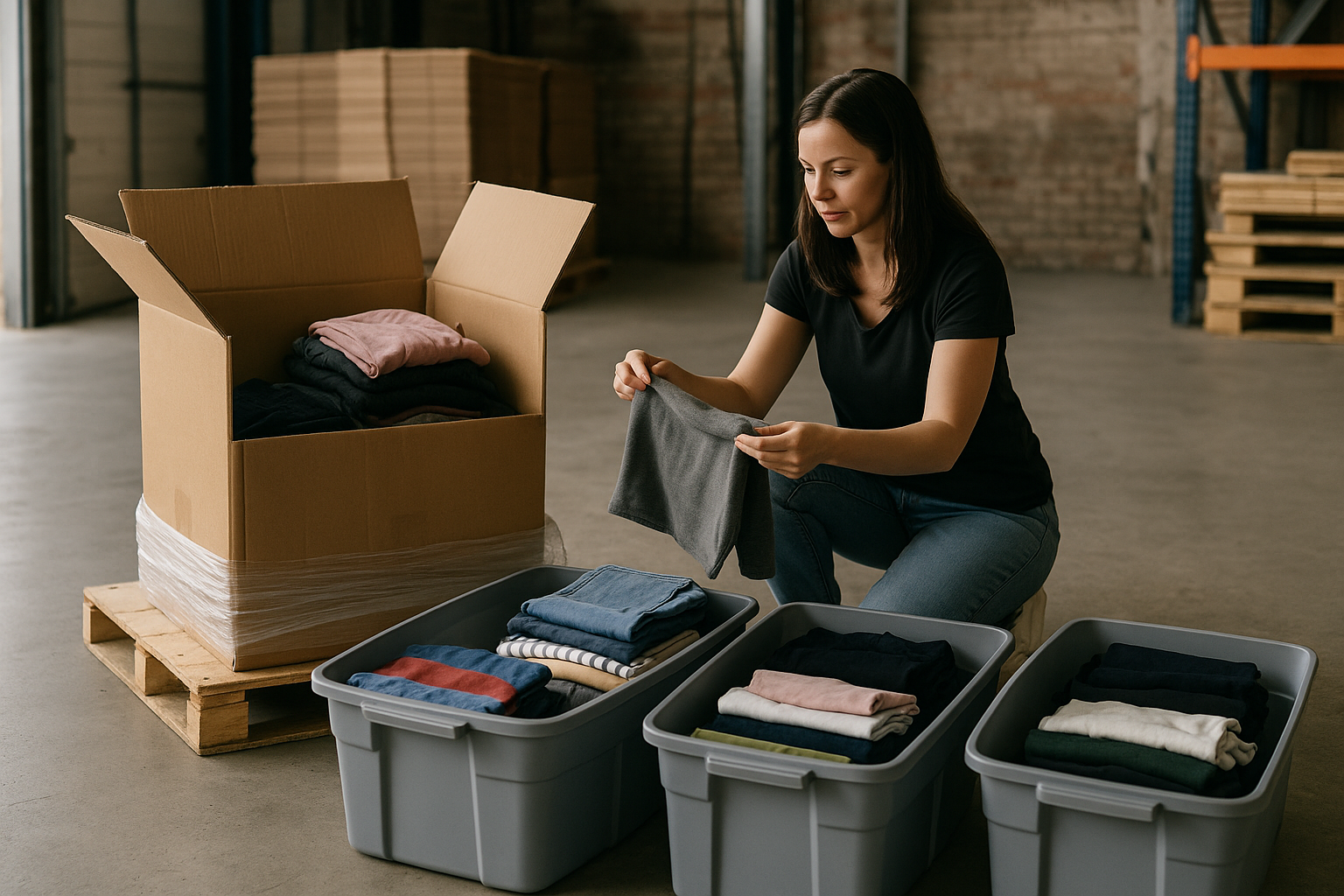 Reseller sorting a wholesale liquidation pallet into labeled bins in a warehouse to verify bulk clothing liquidation deals
