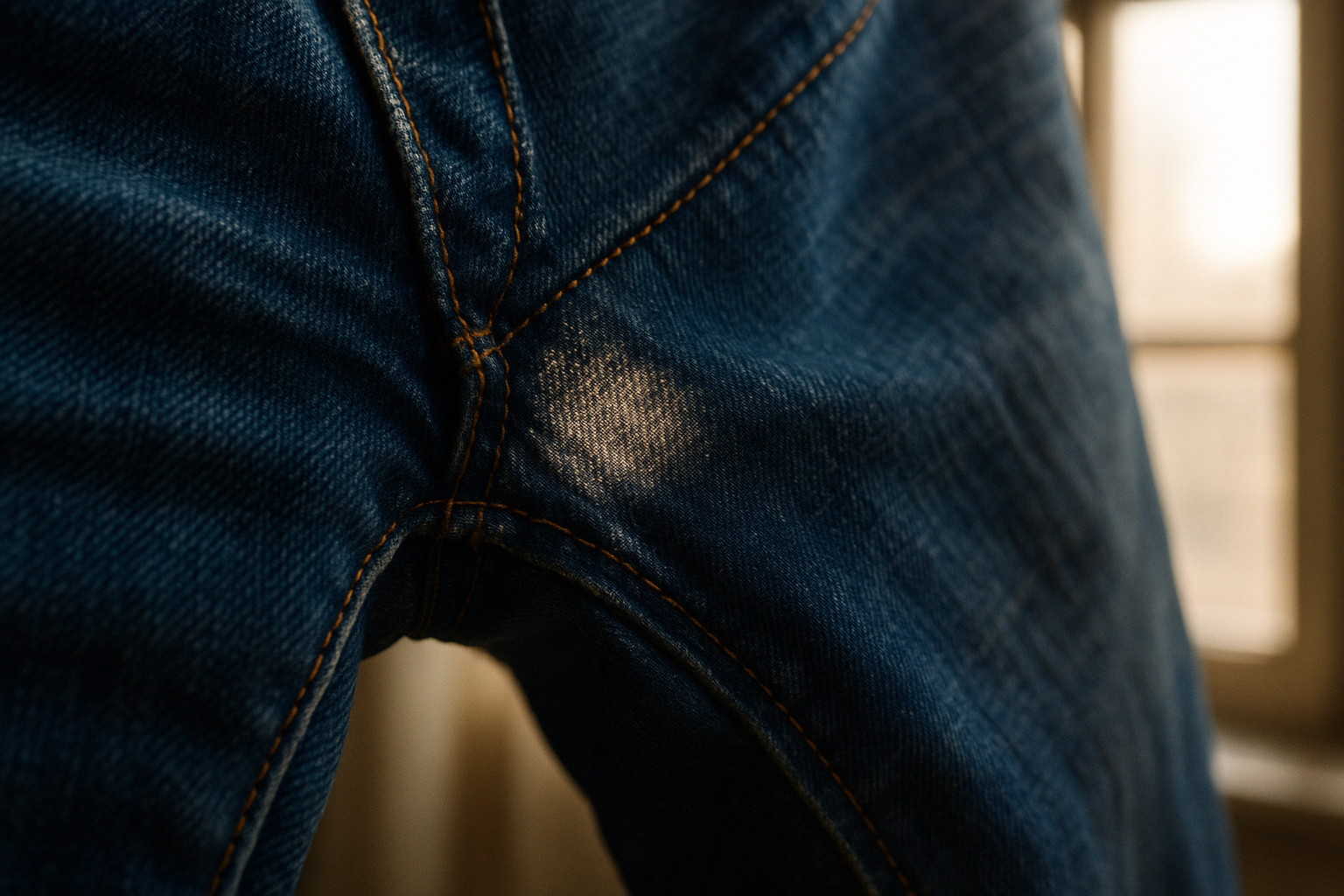 Backlit vintage jeans reveal a translucent thin spot, illustrating how to grade thin spots and transparency in clothing
