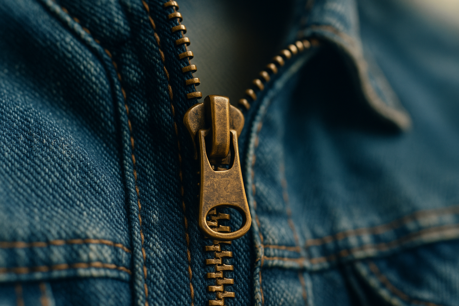 Close-up of a worn brass zipper slider on vintage denim, illustrating how to grade zipper condition on vintage clothing for