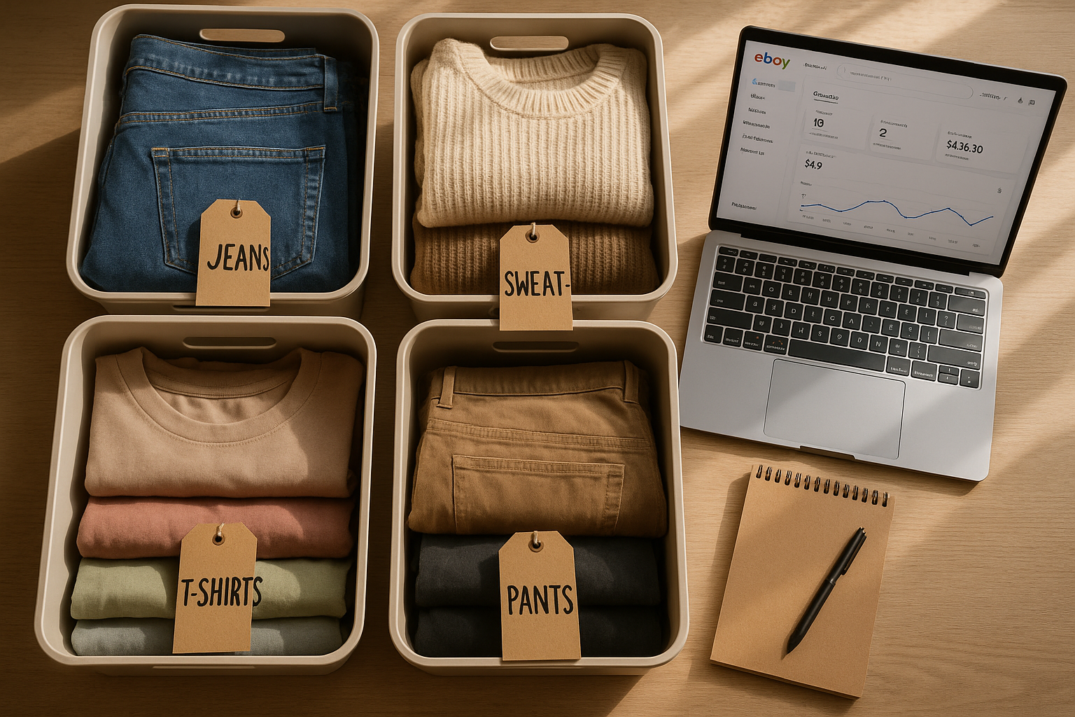 Overhead view of folded clothes in aging-tagged bins beside a laptop eBay dashboard, illustrating what to do with unsold