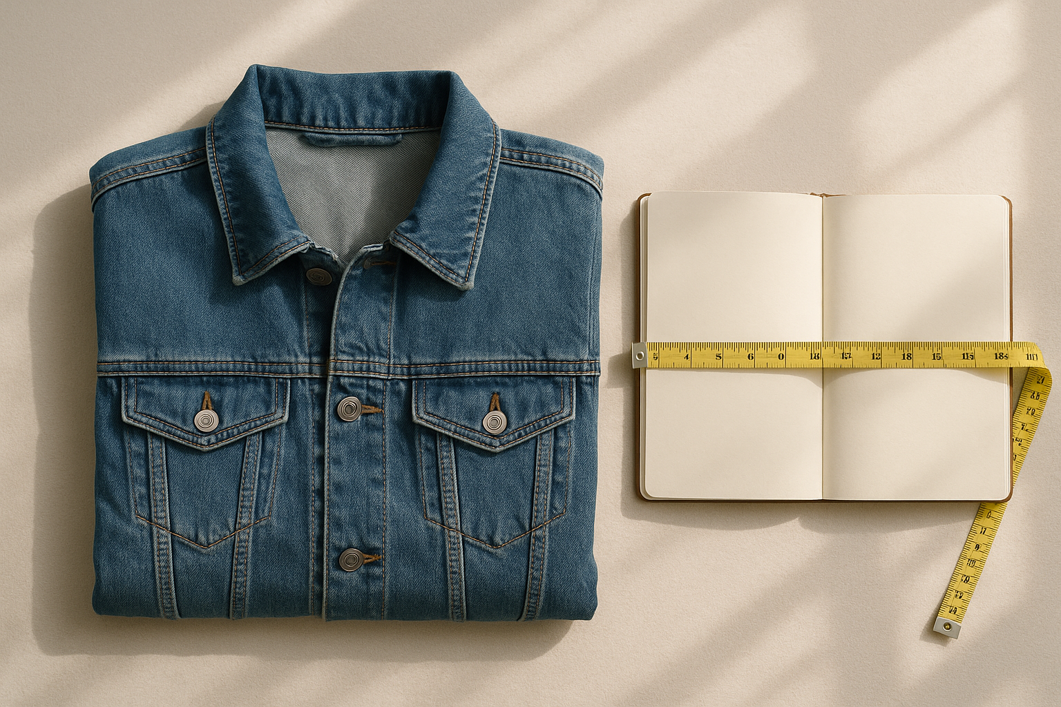 Folded denim jacket, notebook, and tape measure illustrate how to write clothing descriptions that sell