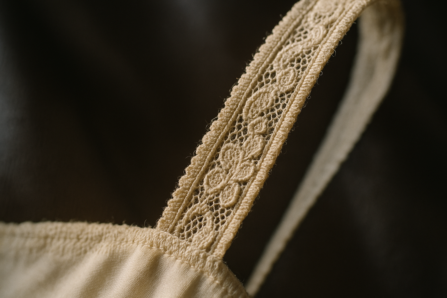 Close-up of yellowed vintage lace on a slip strap, showing texture used when grading brittle lace on vintage clothing