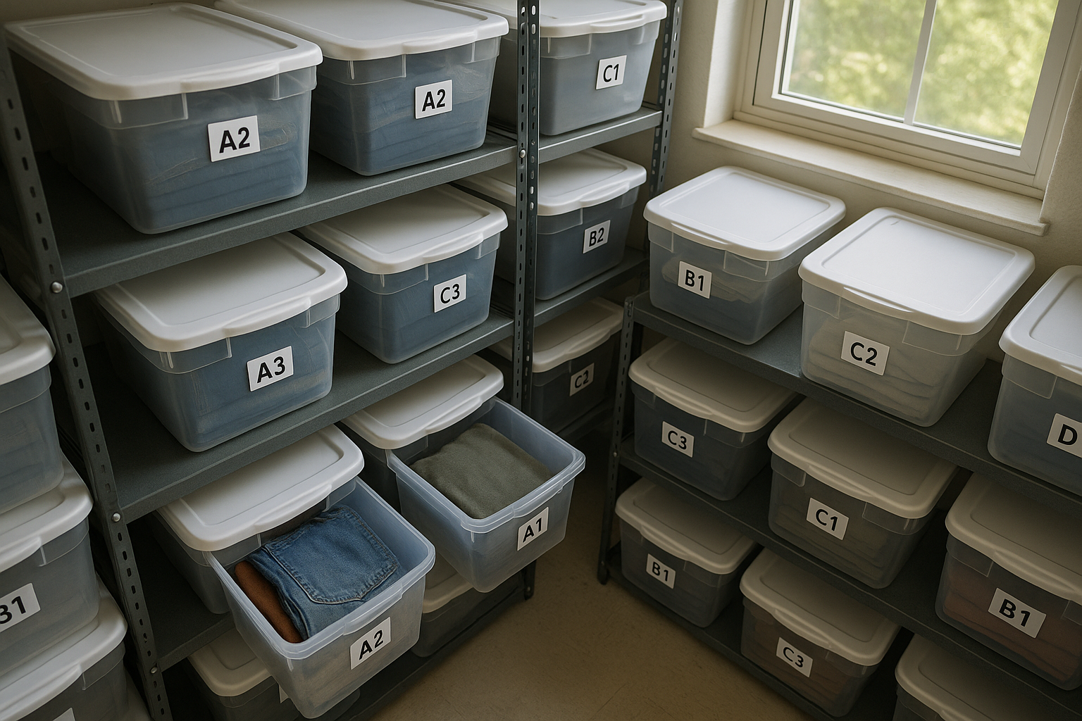 Overhead view of reseller inventory storage with labeled plastic bins on metal shelves, folded clothing visible inside