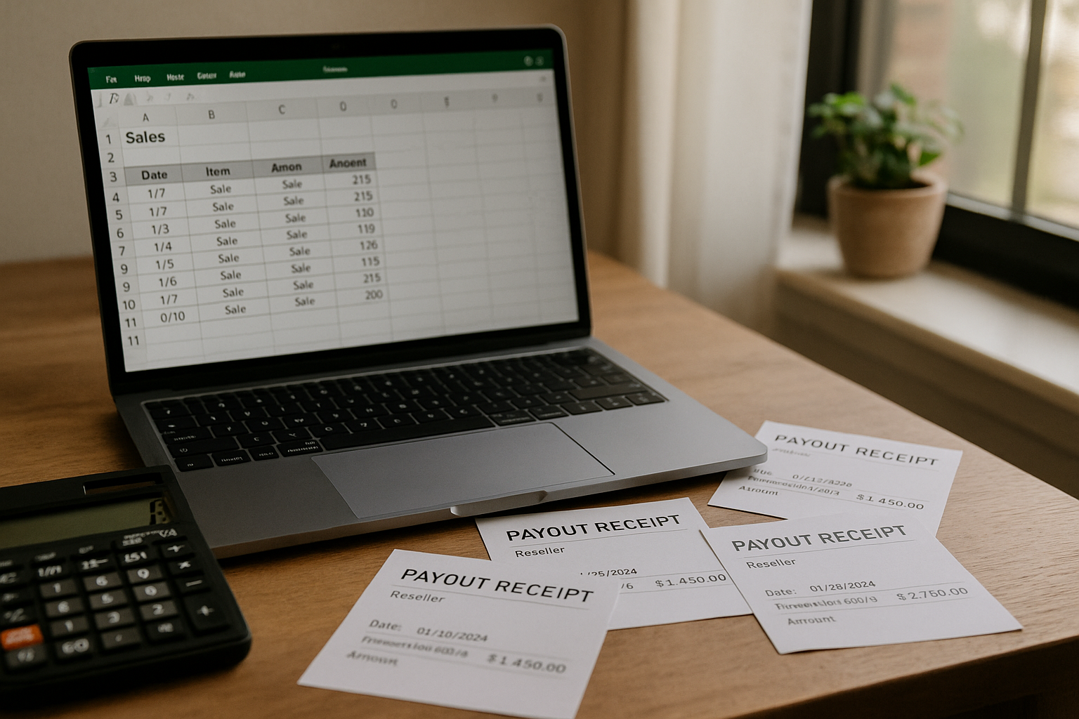 Reseller's desk with laptop spreadsheet, calculator, and payout receipts illustrating actual margin vs estimated margin gap