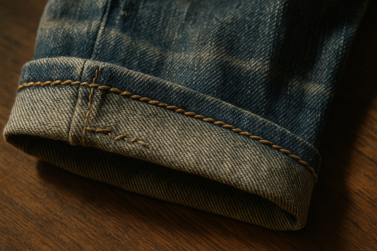 Close-up of a vintage jeans hem inside out, showing chainstitching and fade—key details for grading hemmed condition resale