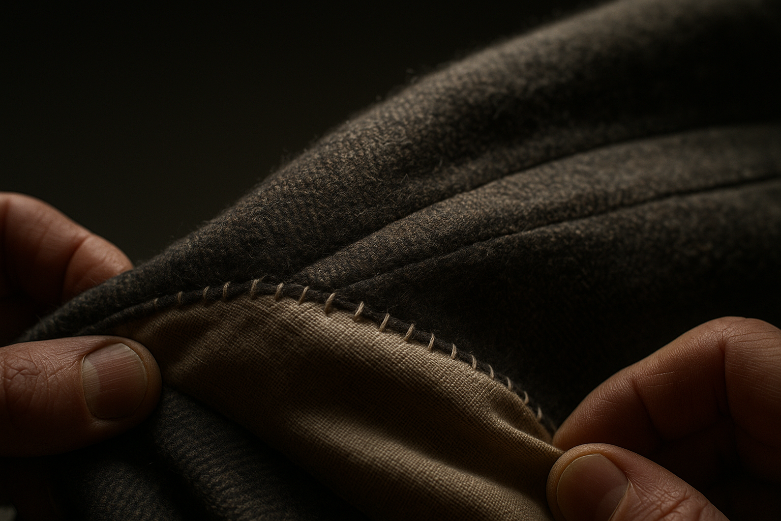 Hands pull taut a vintage suit jacket's inside-out shoulder seam, raking light revealing gapping used to detect seam slippage