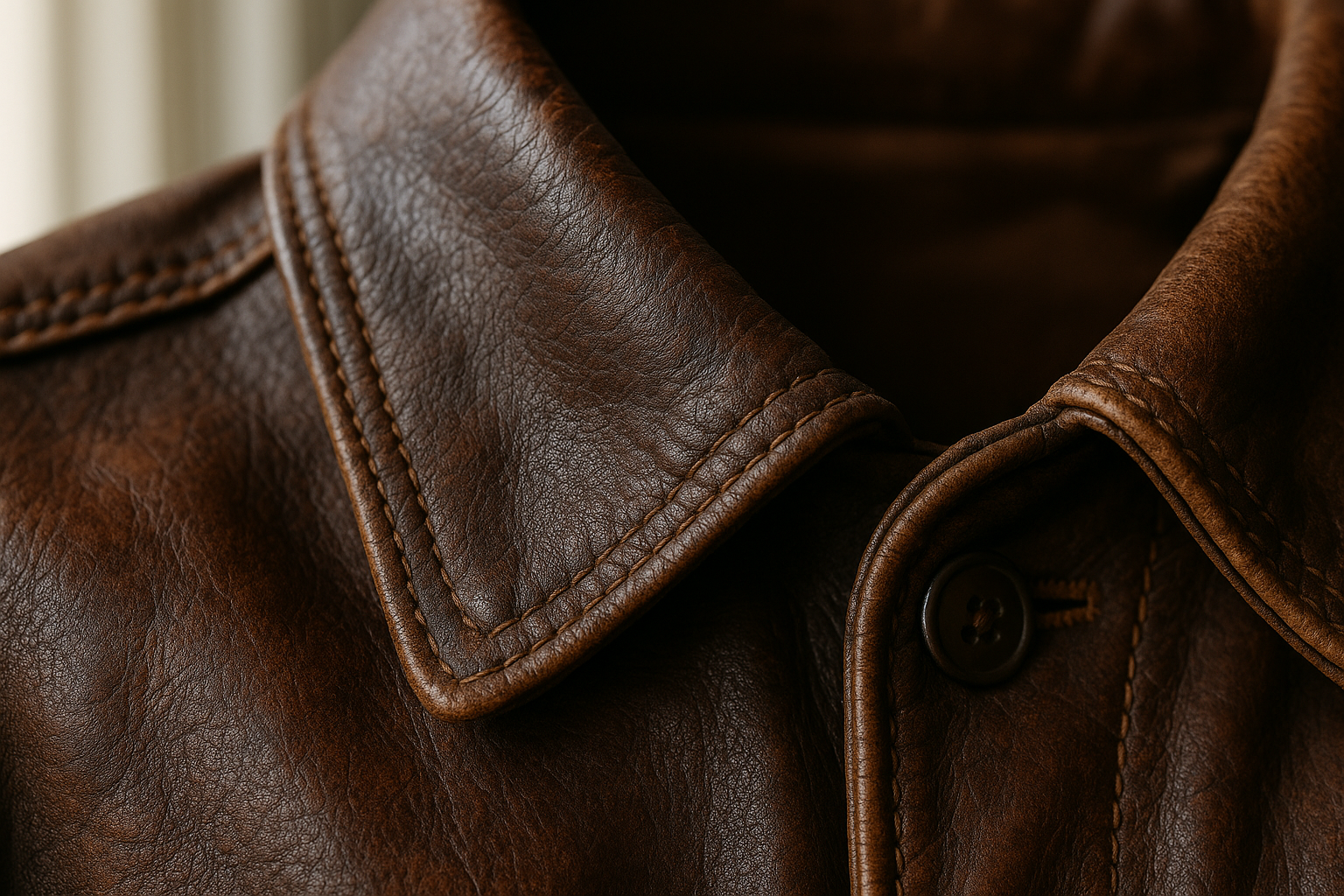 Macro shot of vintage leather jacket collar with even oxidized patina, useful for grading vintage leather patina condition