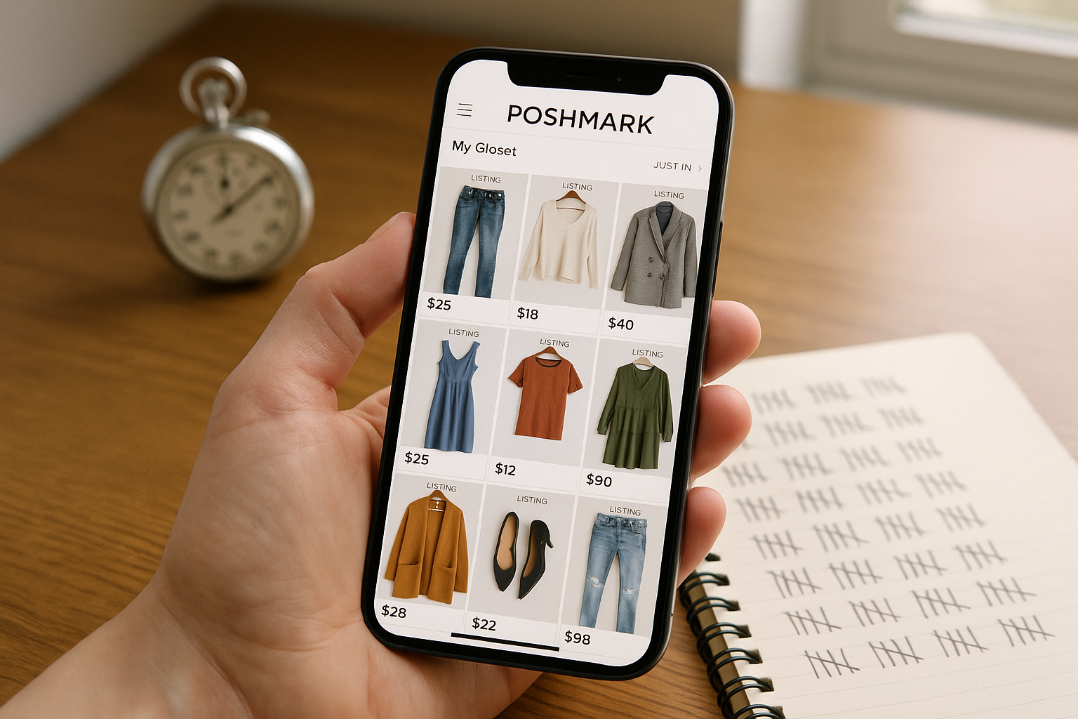 Smartphone displaying a Poshmark closet grid above a desk with stopwatch and notebook, illustrating reseller sharing