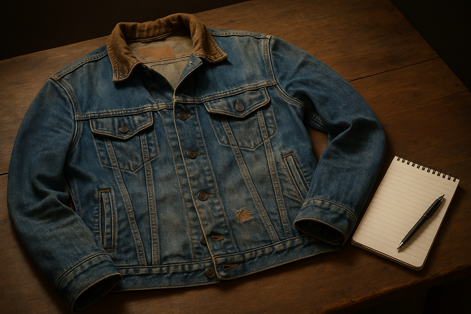 Worn vintage denim jacket with fading and a repaired tear beside a notepad, illustrating what as-is means in vintage clothing