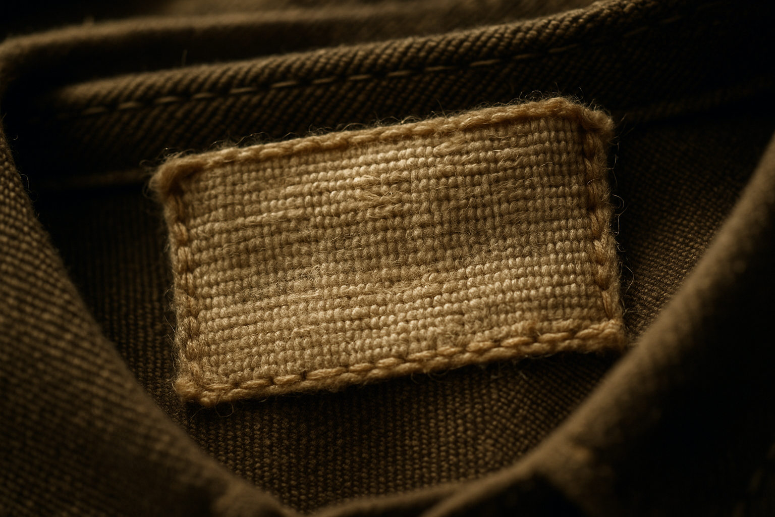 Macro shot of a worn woven designer label at a collar, illustrating how to grade tag condition for authenticity