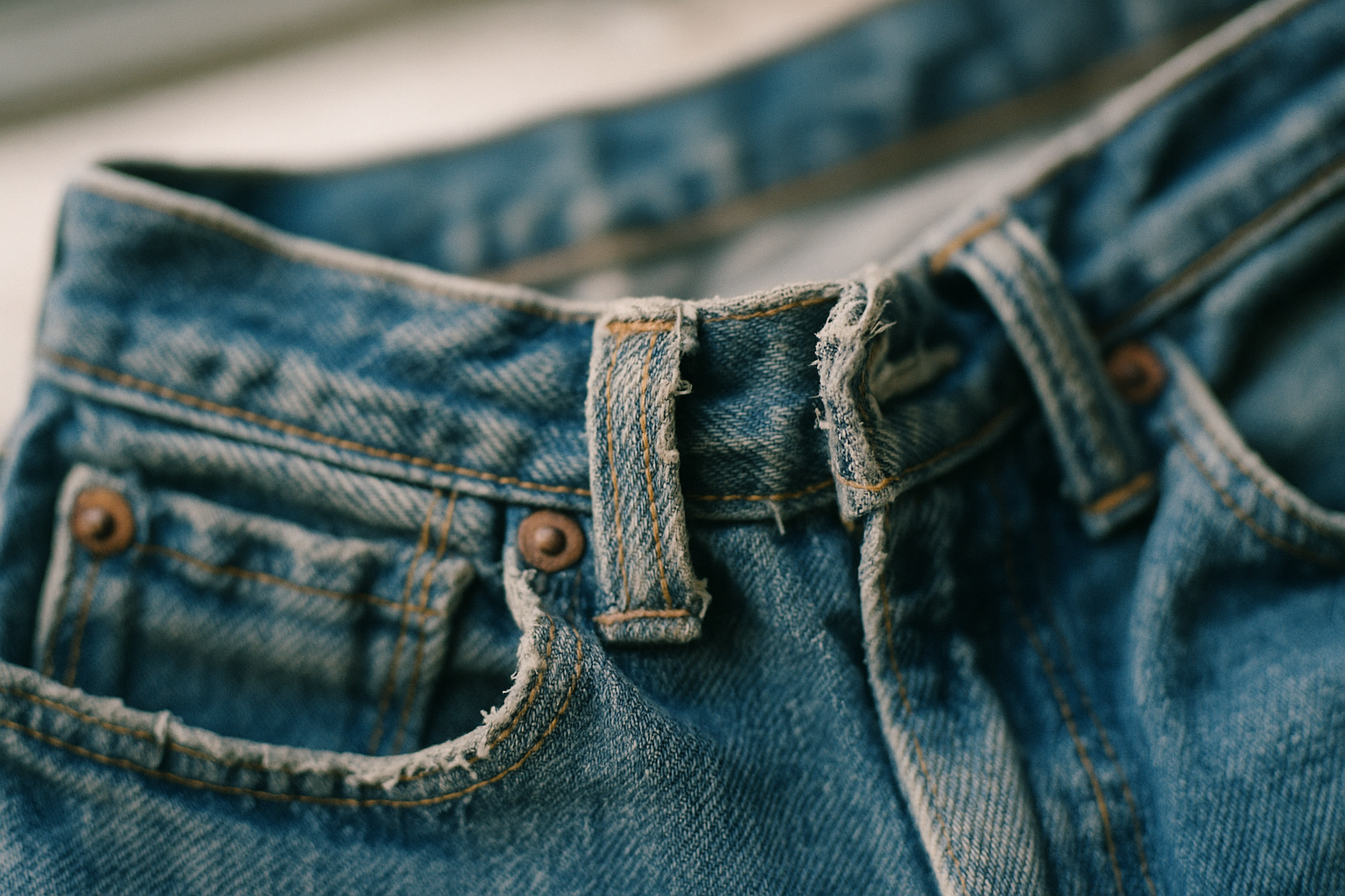 Close-up of vintage jeans waistband and belt loops showing frayed stitching, used to grade waistband wear and tear