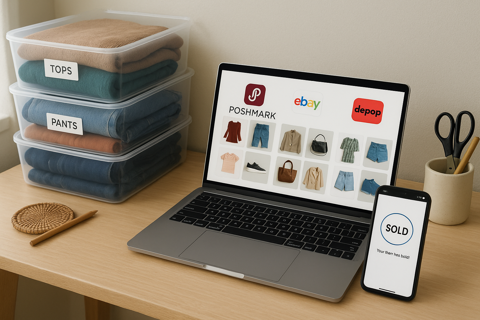Reseller desk with laptop showing three marketplace apps and phone sold alert, illustrating how to avoid overselling