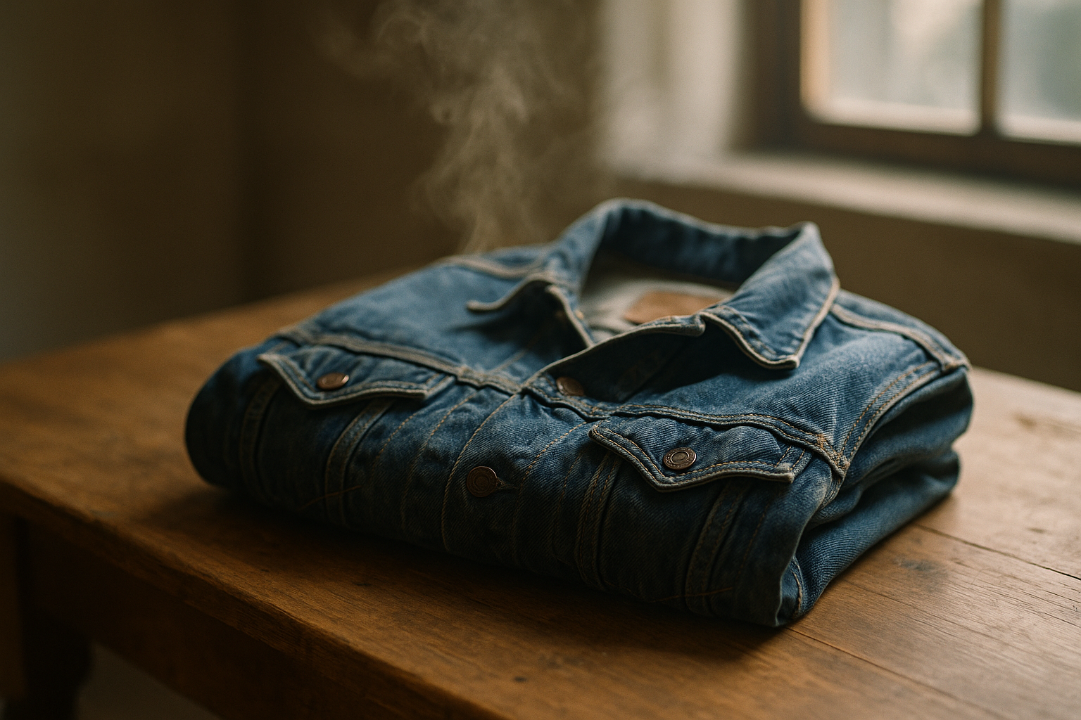 Folded vintage denim jacket on wood table with visible air current, illustrating how to assess odor on used clothes for