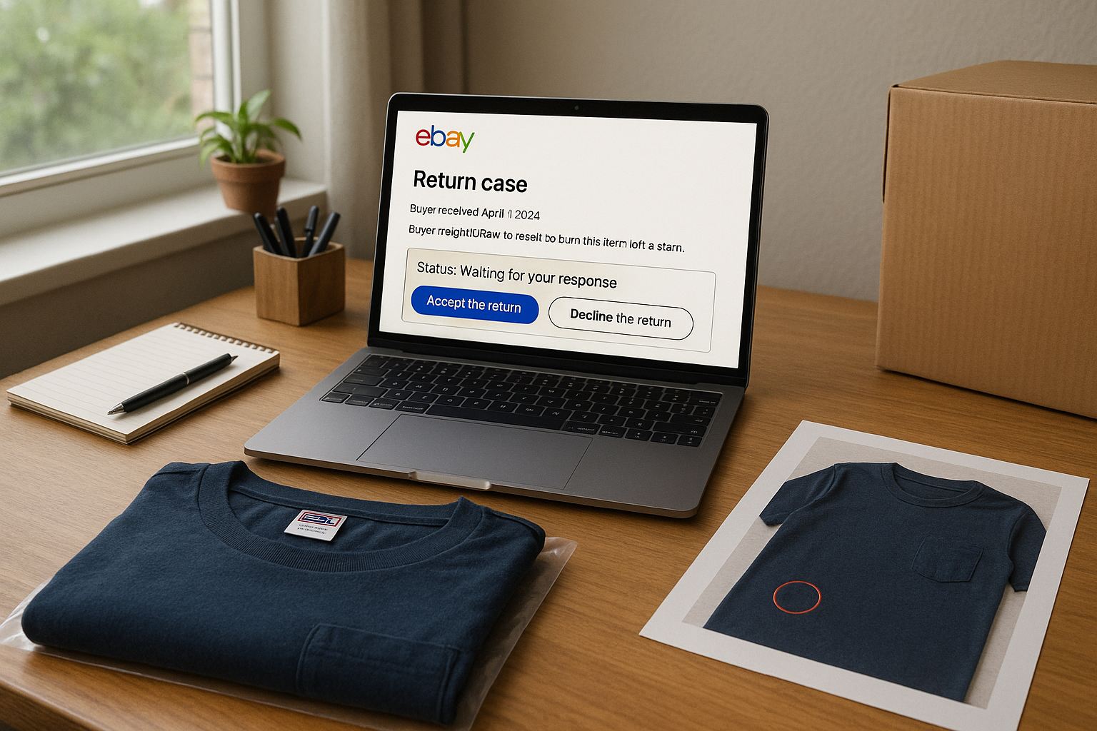 Desk with laptop showing an eBay return case beside a flawed garment, illustrating an eBay partial refund dispute how to