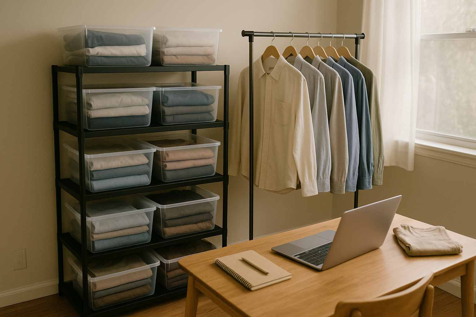 Shelves of flat-folded clothing in clear bins beside a garment rack, showing how to store inventory clothing to ship faster