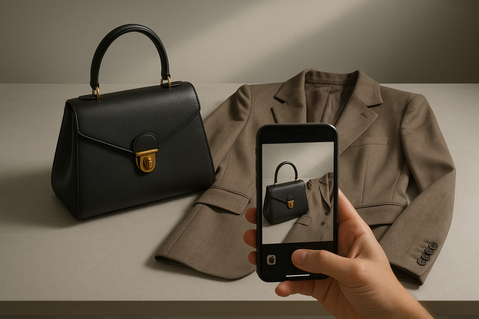 Smartphone photographing a luxury handbag and designer blazer on a studio table, illustrating best resale apps for designer