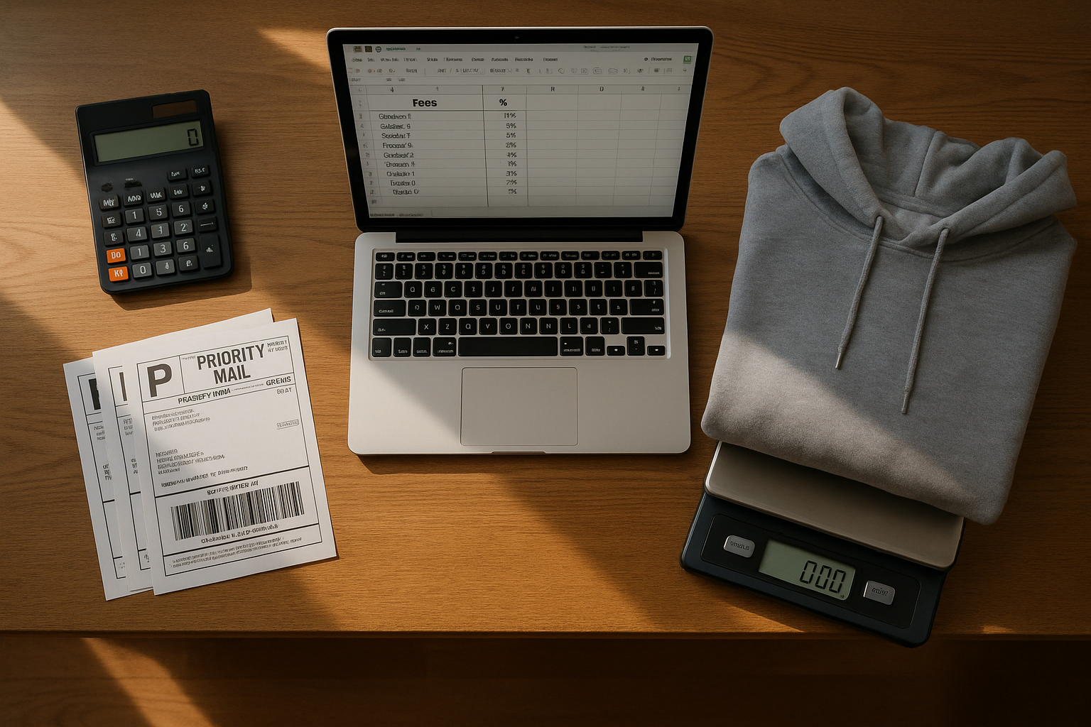 Overhead desk scene with calculator, shipping labels, and laptop showing an eBay Poshmark Mercari hidden fees breakdown for