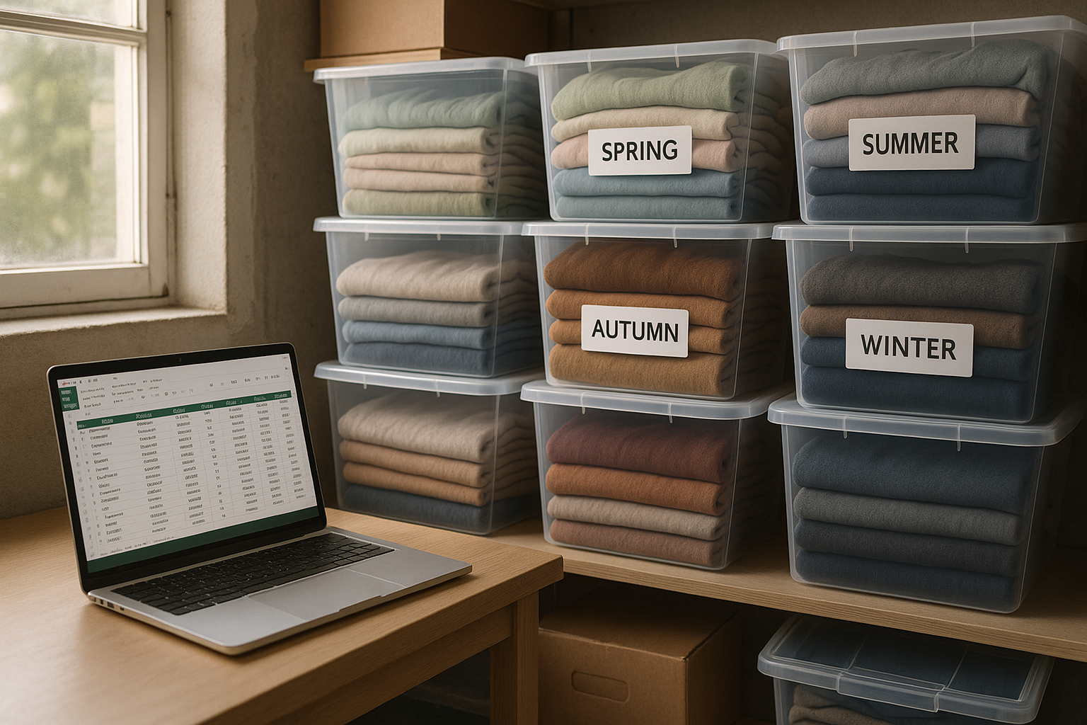 Storage room with labeled clothing bins and a laptop spreadsheet, showing how to sell clothing inventory during slow season