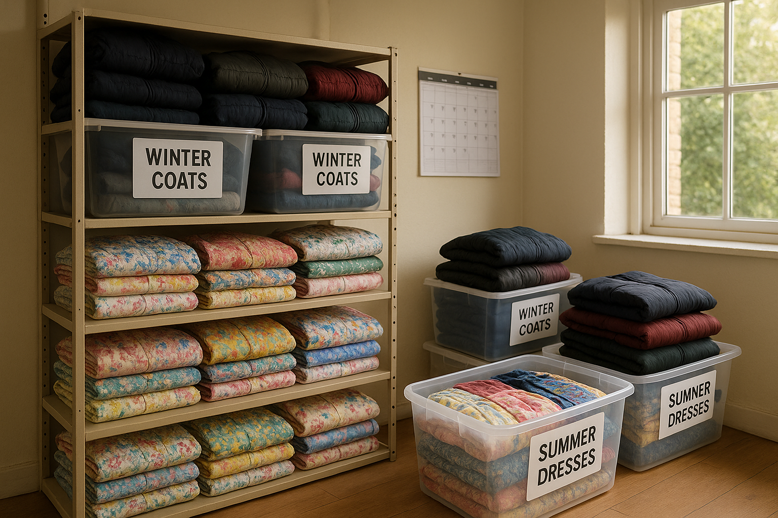 Storage room with seasonally labeled bins of coats and dresses, illustrating a seasonal clothing sourcing strategy by month