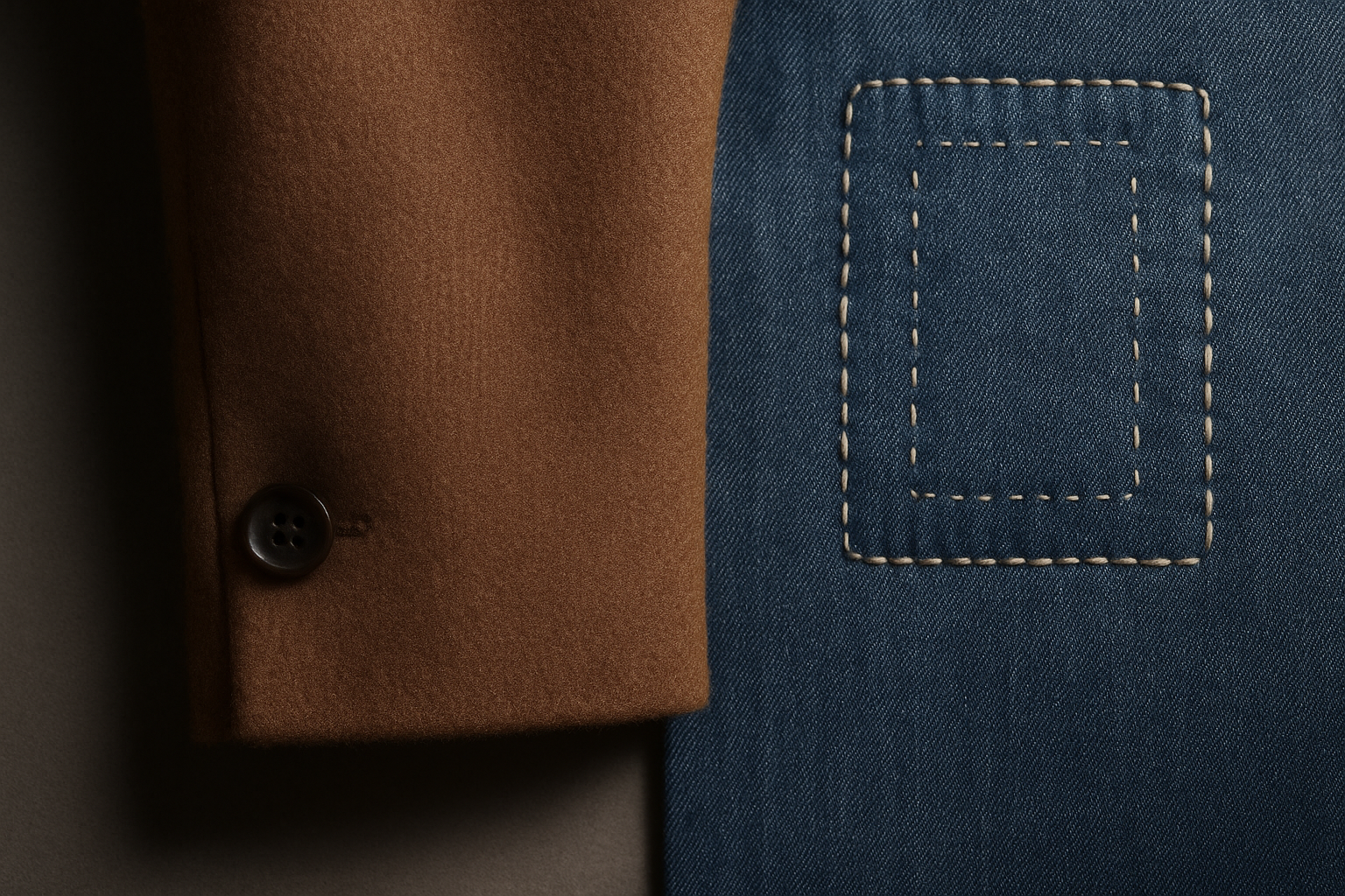 Wool coat sleeve with invisible reweave beside patched denim, illustrating how to grade professionally repaired clothing for