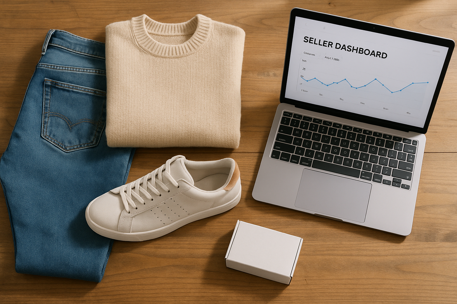 Flat lay of clothing and electronics beside a laptop dashboard, illustrating eBay seller category focus impact metrics